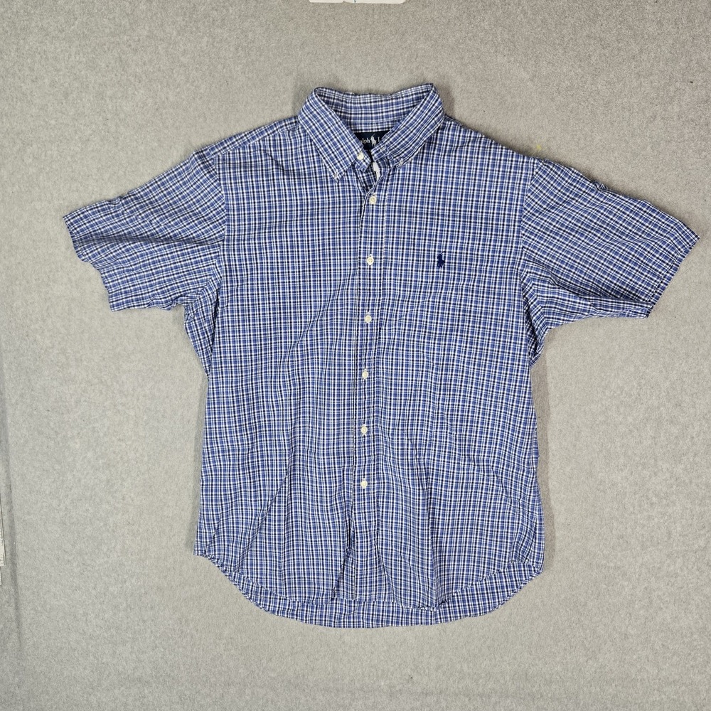 VINTAGE Ralph Lauren Men Button Up Shirt L Blue Embroidered Plaid Classic